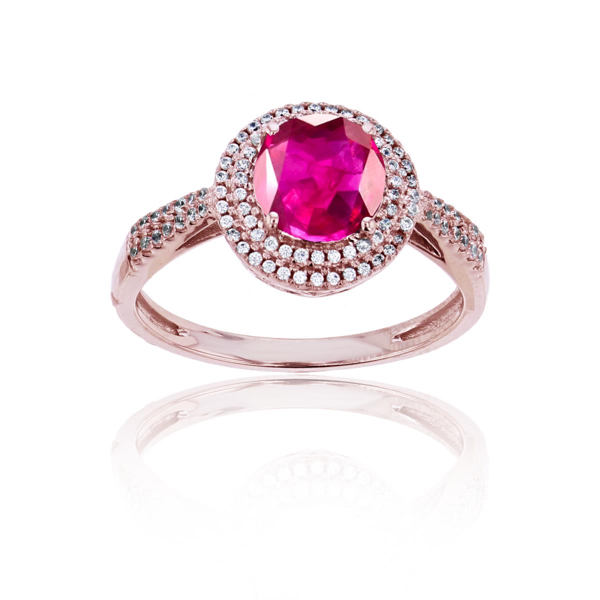 14K Rose Gold 0.15 CTTW Rnd Diamond & 7mm Rnd Created Ruby Double Halo Ring