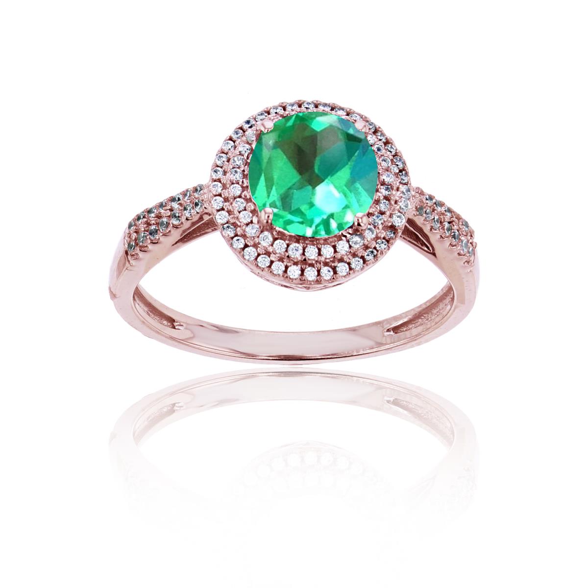 14K Rose Gold 0.15 CTTW Rnd Diamond & 7mm Rnd Created Green Sapphire Double Halo Ring