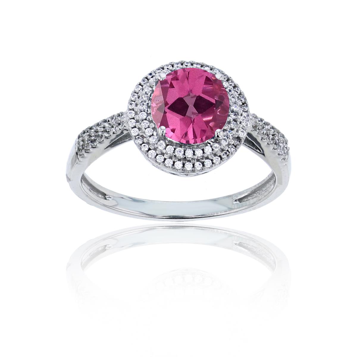 Sterling Silver Rhodium 0.15 CTTW Rnd Diamond & 7mm Rnd Pure Pink Double Halo Ring