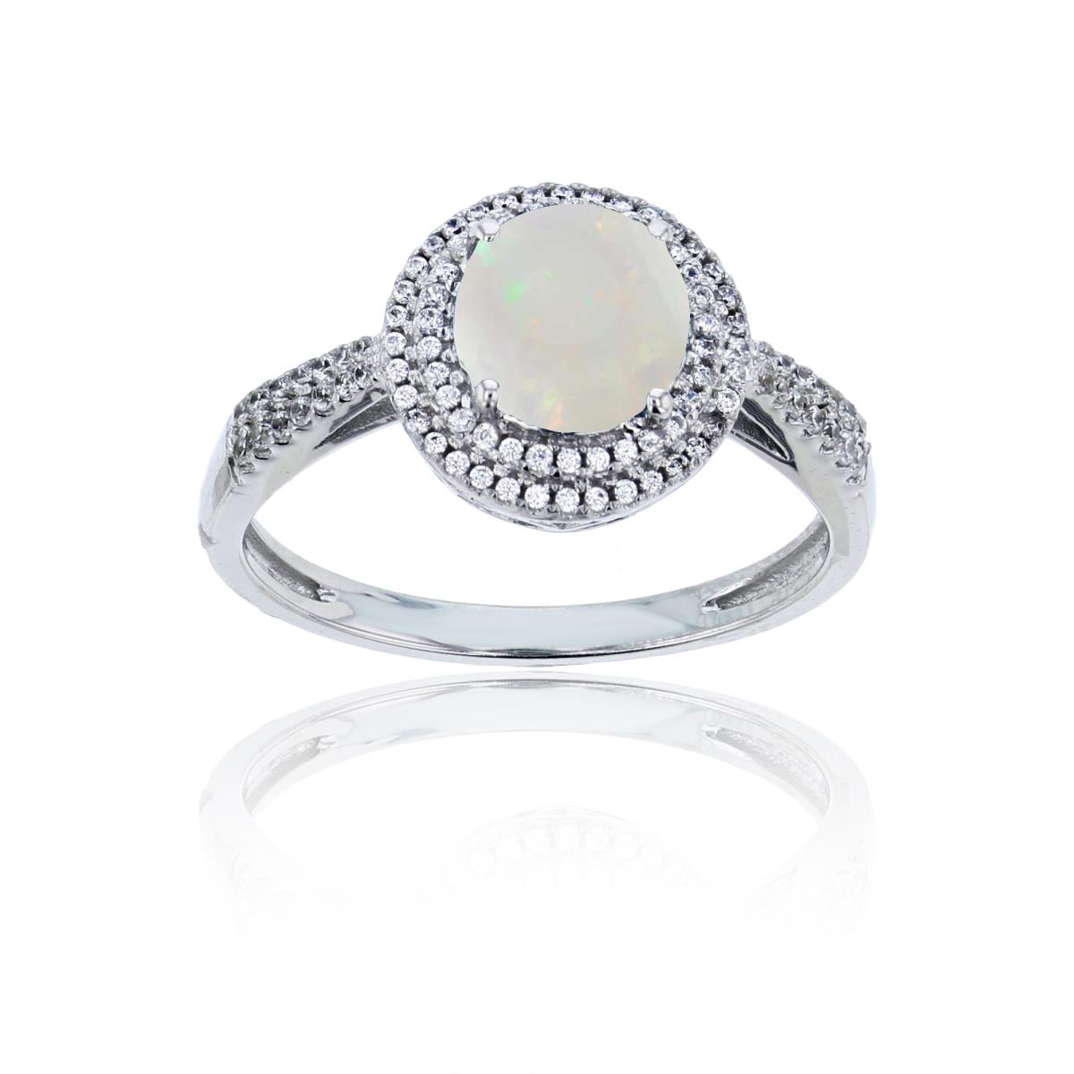 Sterling Silver Rhodium 0.15 CTTW Rnd Diamond & 7mm Rnd Opal Double Halo Ring