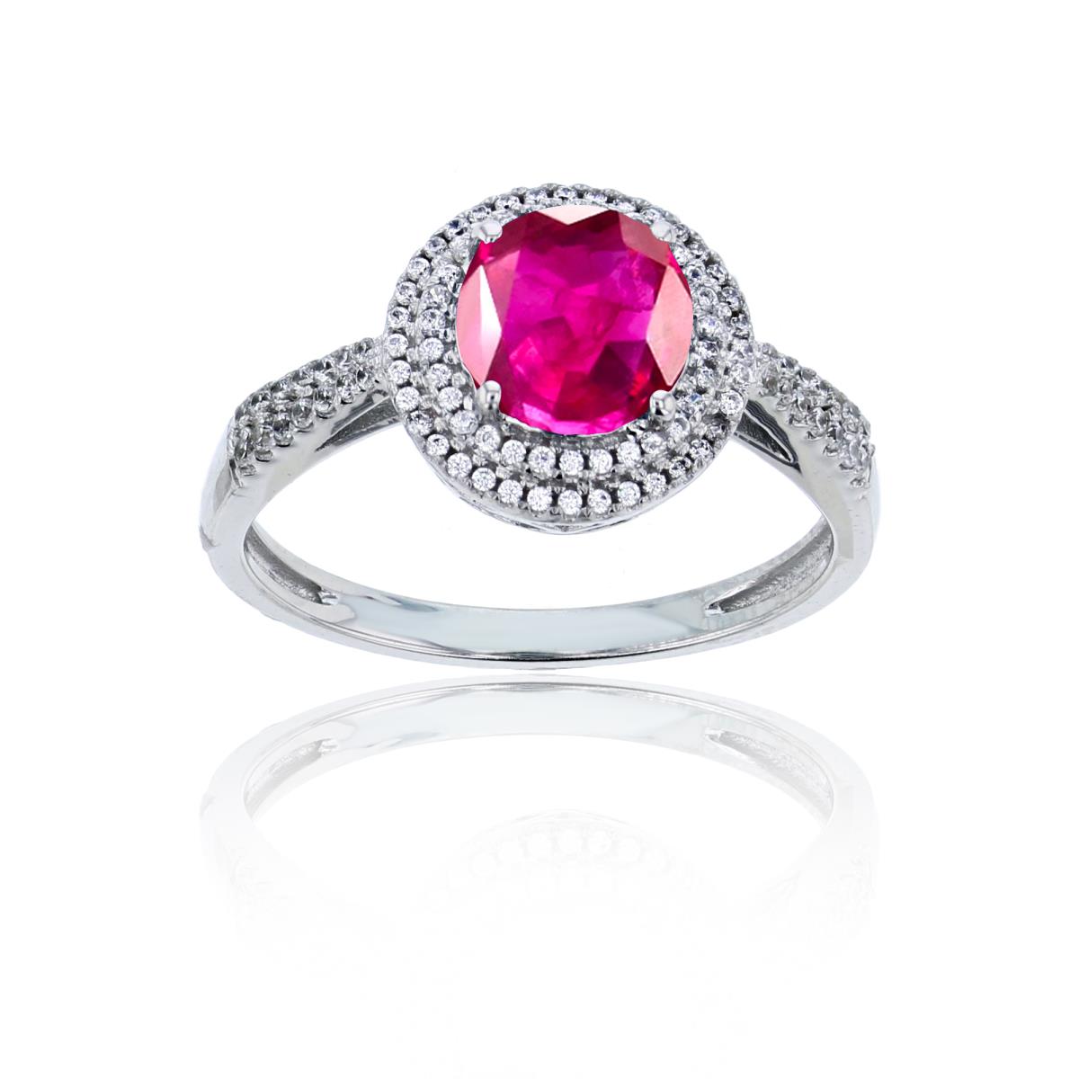 Sterling Silver Rhodium 0.15 CTTW Rnd Diamond & 7mm Rnd Glass Filled Ruby Double Halo Ring