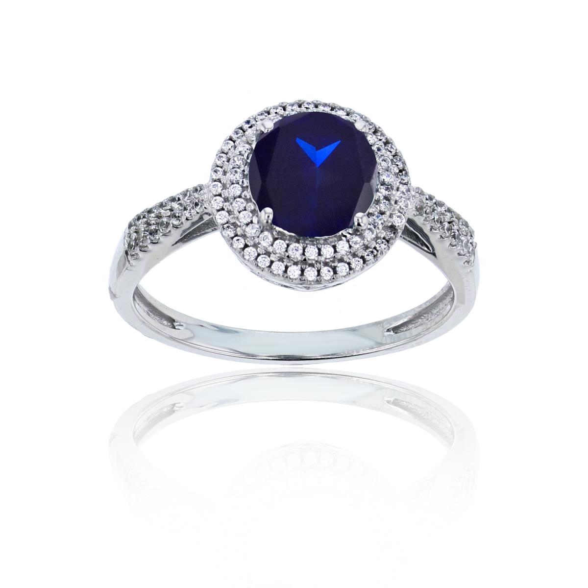 Sterling Silver Rhodium 0.15 CTTW Rnd Diamond & 7mm Rnd Created Blue Sapphire Double Halo Ring