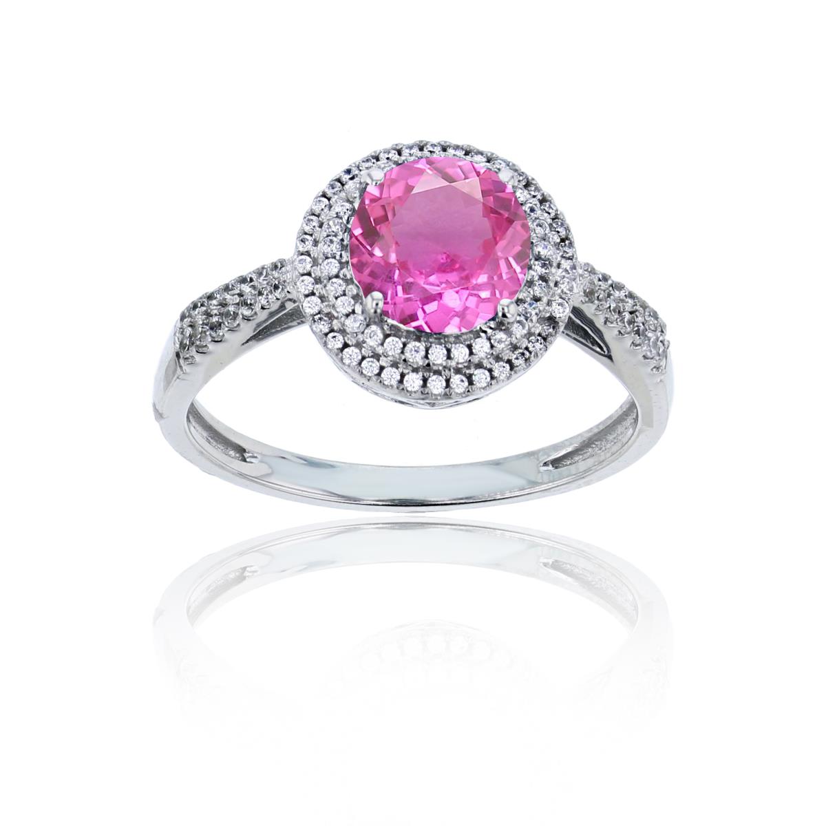 Sterling Silver Rhodium 0.15 CTTW Rnd Diamond & 7mm Rnd Created Pink Sapphire Double Halo Ring