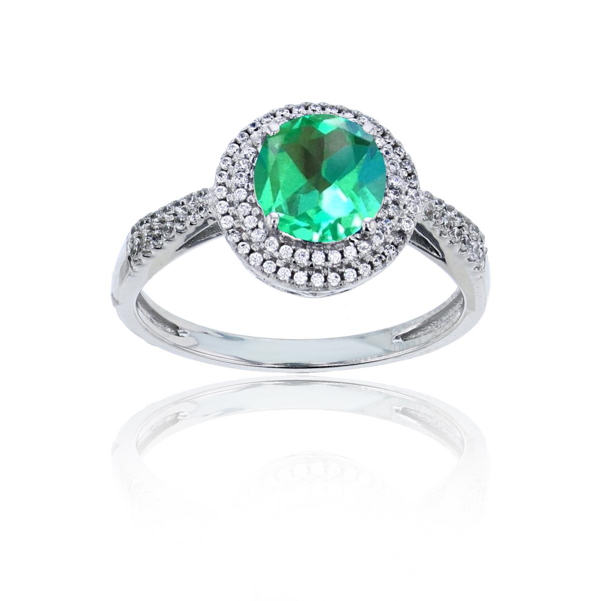 Sterling Silver Rhodium 0.15 CTTW Rnd Diamond & 7mm Rnd Created Green Sapphire Double Halo Ring