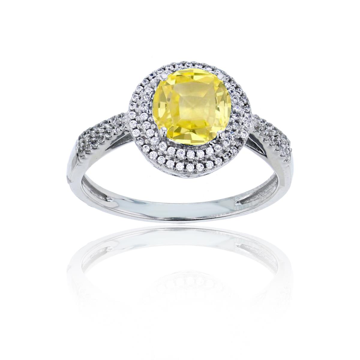 Sterling Silver Rhodium 0.15 CTTW Rnd Diamond & 7mm Rnd Created Yellow Sapphire Double Halo Ring