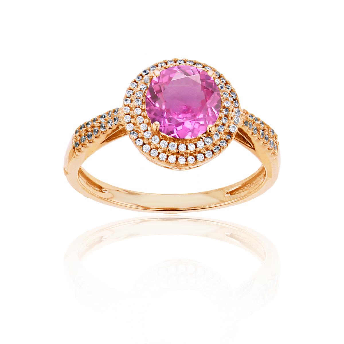 Sterling Silver Yellow 0.15 CTTW Rnd Diamond & 7mm Rnd Created Pink Sapphire Double Halo Ring
