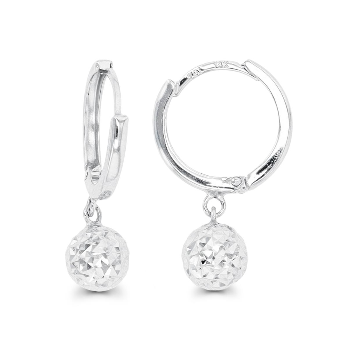 10K White Gold Diamond Cut 6mm Ball Dangling Huggie Earring
