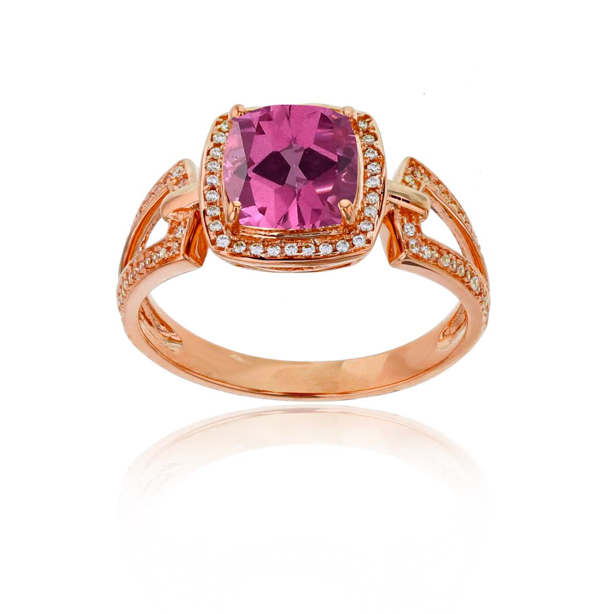 14K Rose Gold 0.18 CTTW Rnd Diamond & 7mm Cushion Pure Pink Split Sides Ring