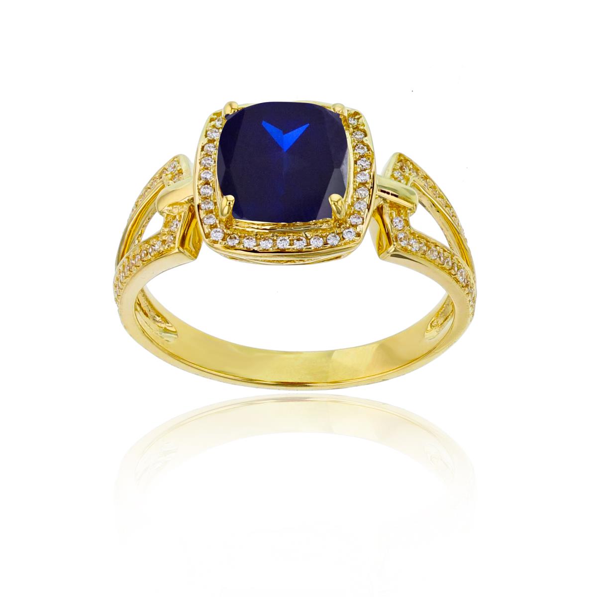Sterling Silver Yellow 0.18 CTTW Rnd Diamond & 7mm Cushion Created Blue Sapphire Split Sides Ring