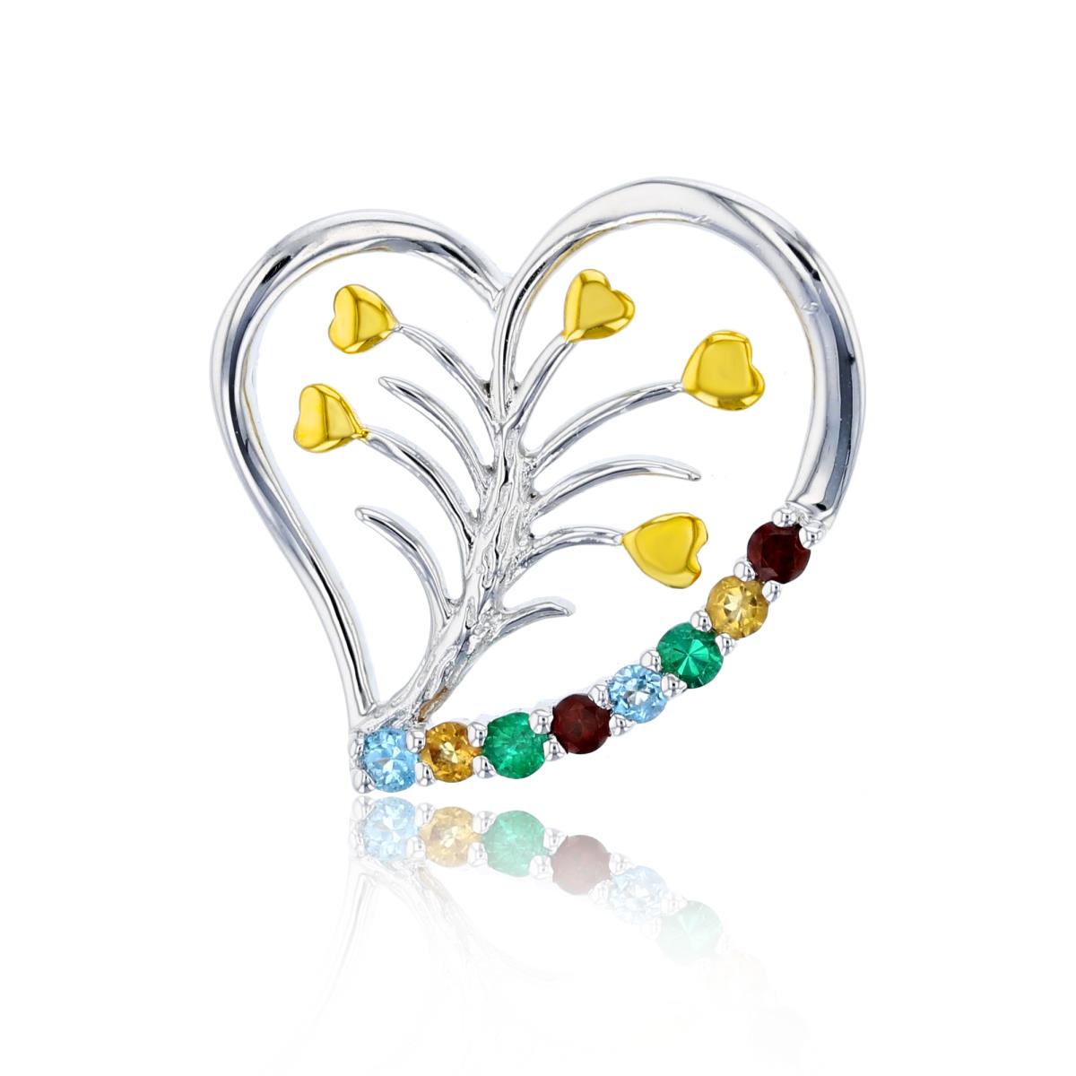 Sterling Silver Rhodium & Yellow 2mm Rnd Multicolor Stones Heart/Tree inside Pendant