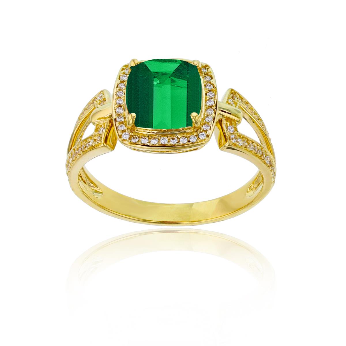 Sterling Silver Yellow 0.18 CTTW Rnd Diamond & 7mm Cushion Created Emerald Split Sides Ring