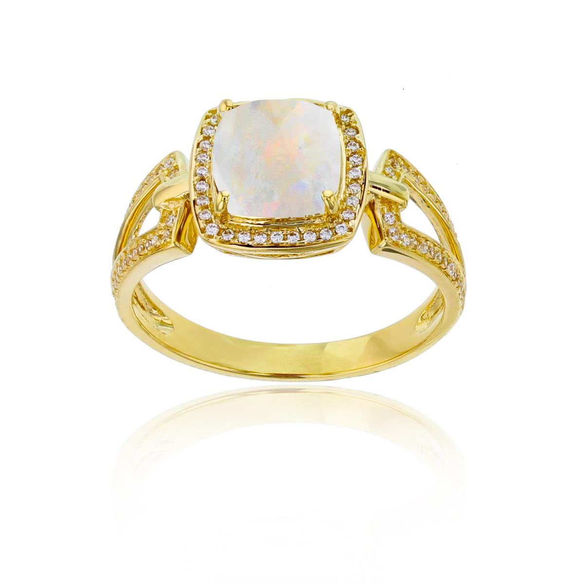 Sterling Silver Yellow 0.18 CTTW Rnd Diamond & 7mm Cushion Created Opal Split Sides Ring