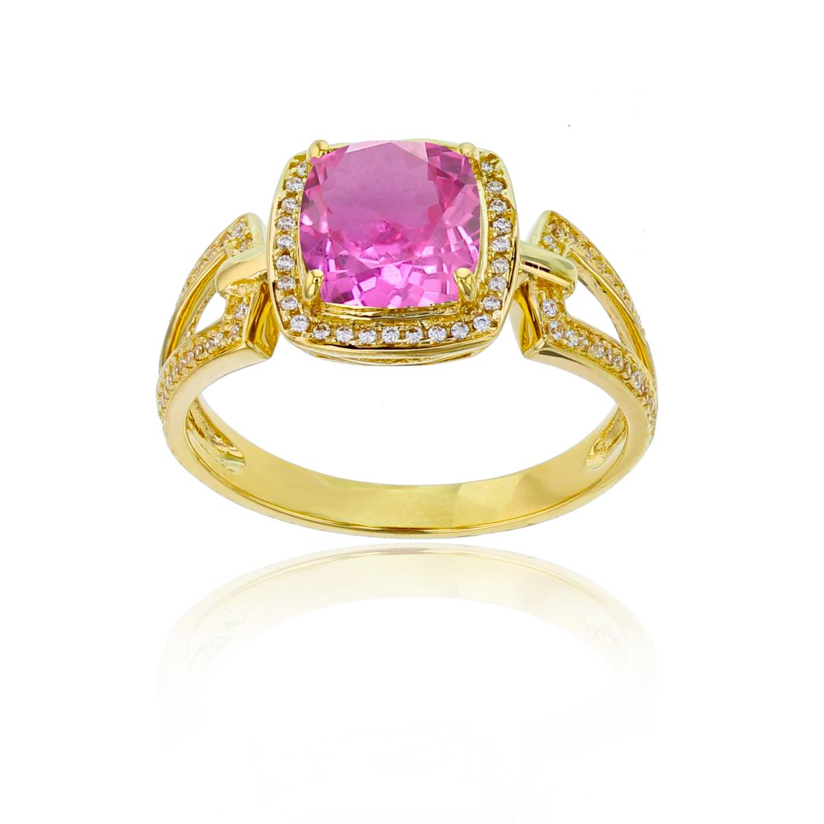 Sterling Silver Yellow 0.18 CTTW Rnd Diamond & 7mm Cushion Created Pink Sapphire Split Sides Ring