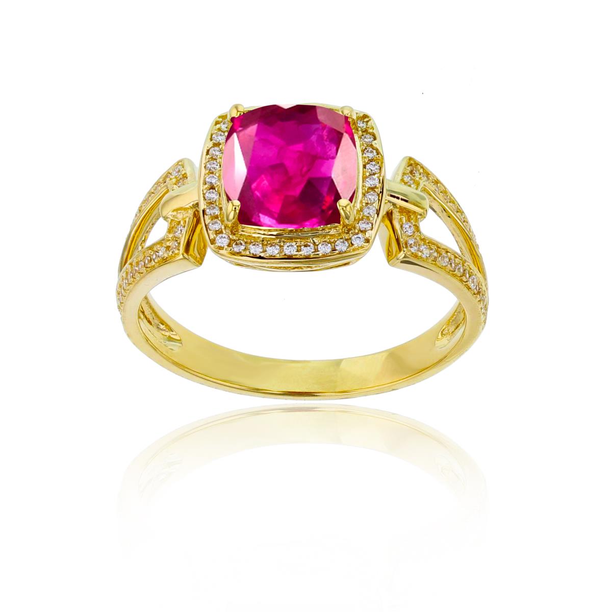 Sterling Silver Yellow 0.18 CTTW Rnd Diamond & 7mm Cushion Created Ruby Split Sides Ring