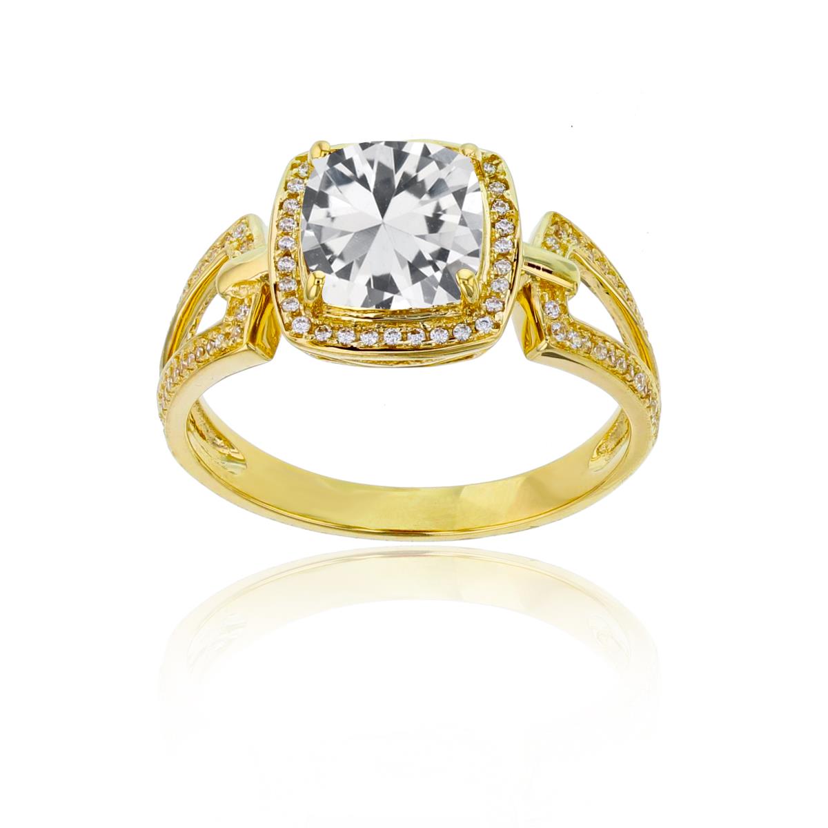 Sterling Silver Yellow 0.18 CTTW Rnd Diamond & 7mm Cushion Created White Sapphire Split Sides Ring