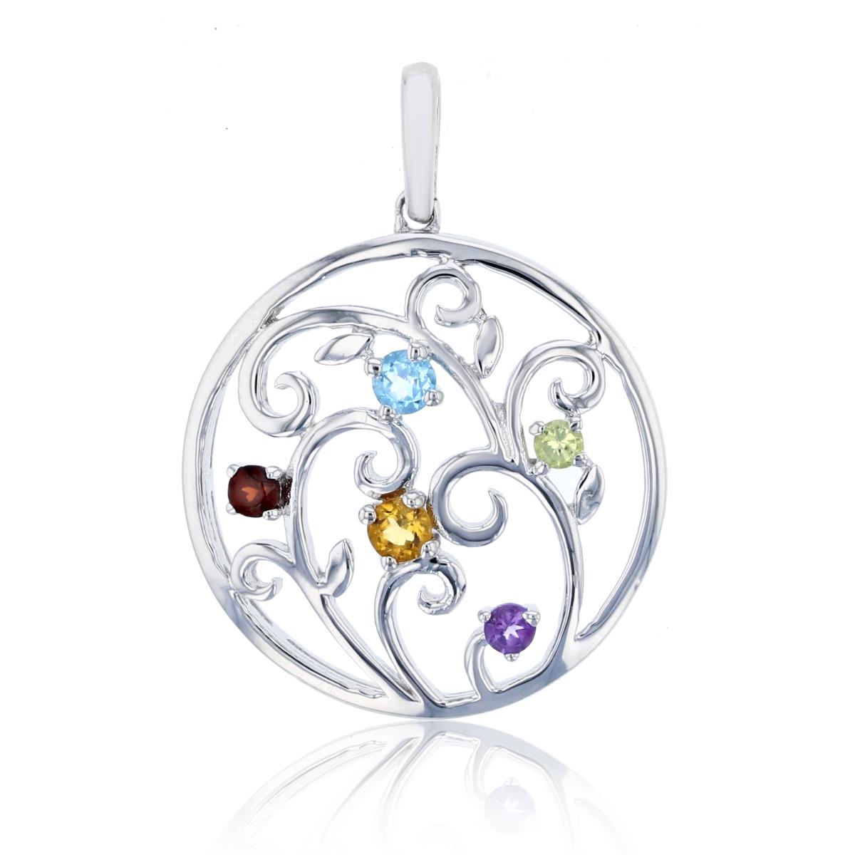 Sterling Silver Rhodium 2.0-2.5mm Rnd Multicolor Flower in Circle Pendant