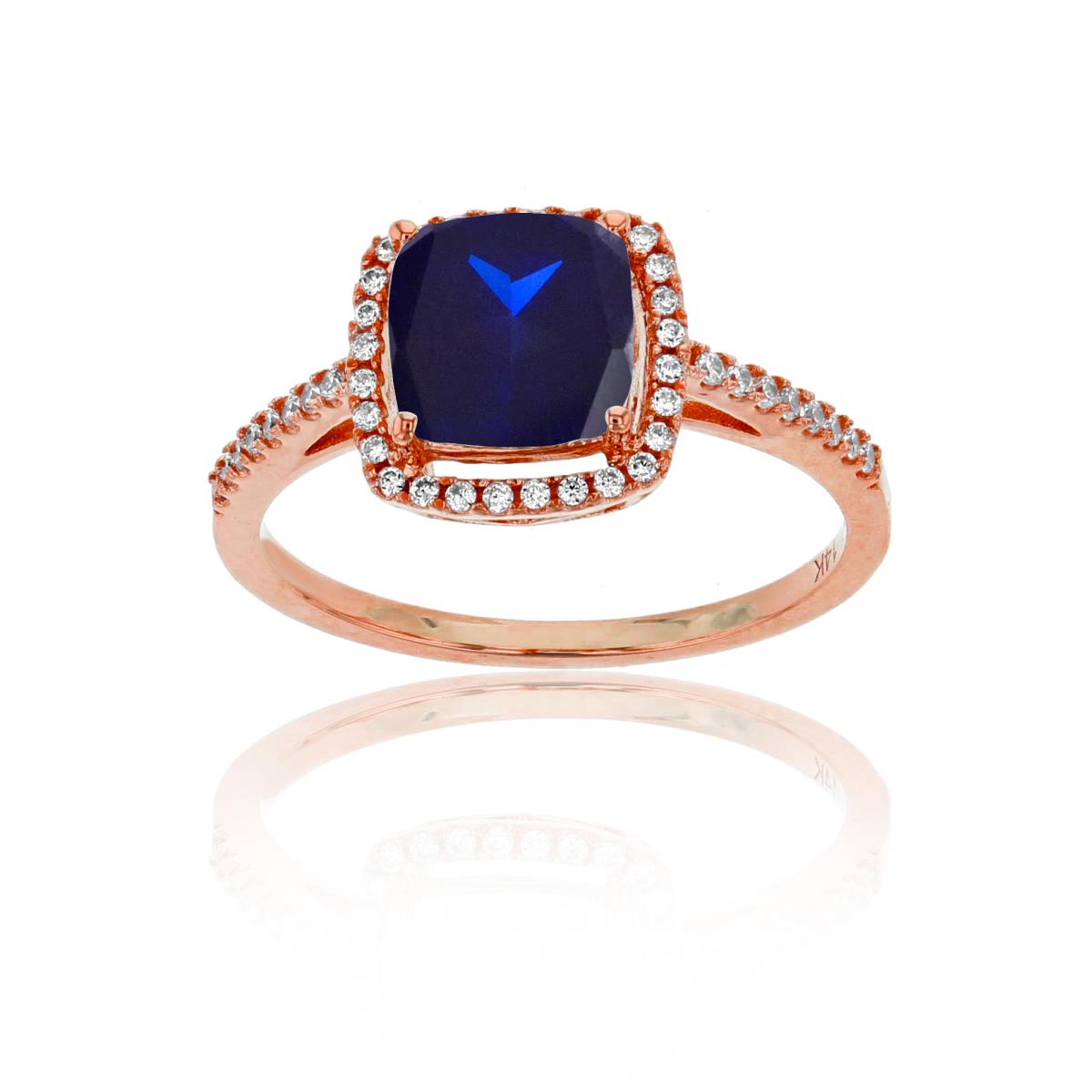 14K Rose Gold 0.18 CTTW Rnd Diamond & 7mm Cushion Created Blue Sapphire Halo Ring