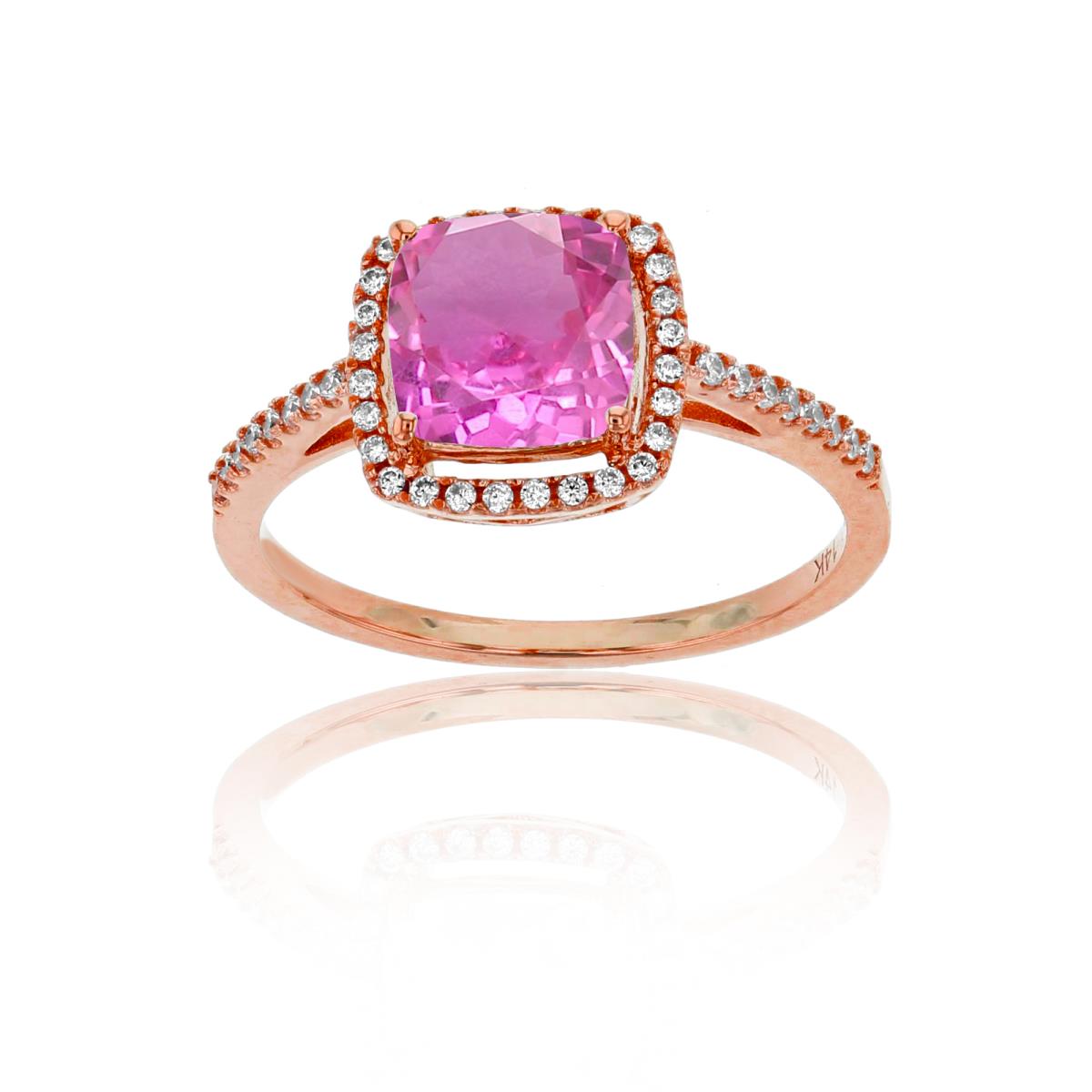 14K Rose Gold 0.18 CTTW Rnd Diamond & 7mm Cushion Created Pink Sapphire Halo Ring