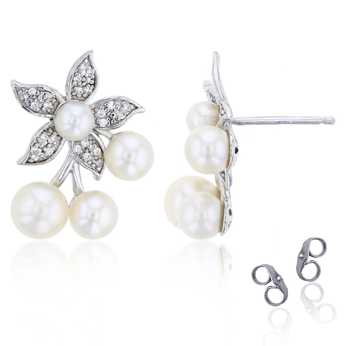 Sterling Silver Rhodium 0.10 CTTW Rnd Diamond & Rnd White Pearl Flower Earring