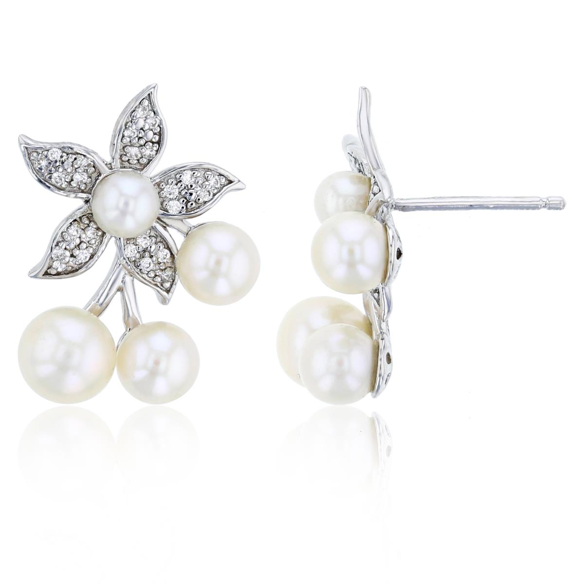 Sterling Silver Rhodium CZ Rnd & Rnd White Pearl Flower Earring
