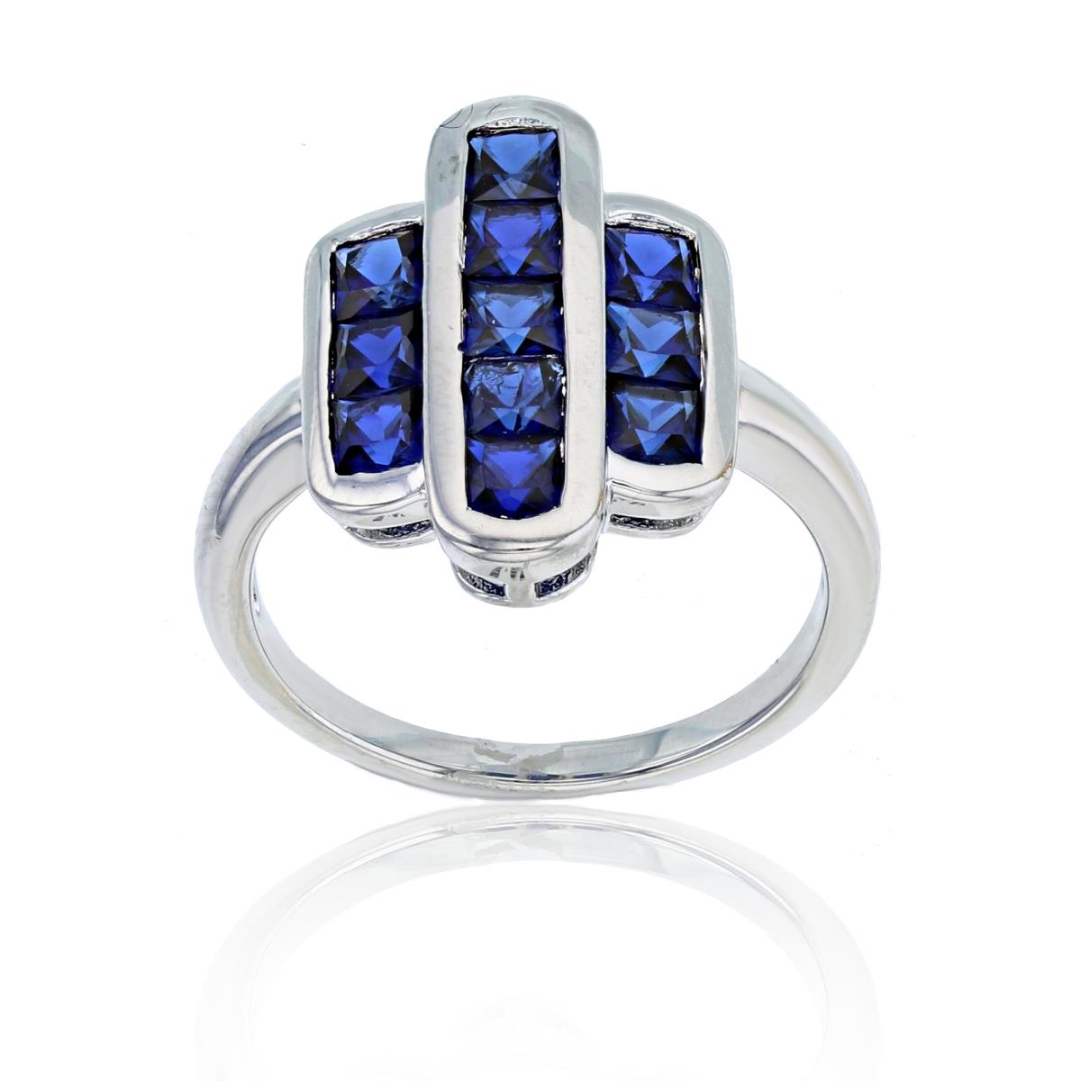 Sterling Silver Rhodium Created Blue Sapphire 3.5mm SQ 3-Split Vertical Bars Ring