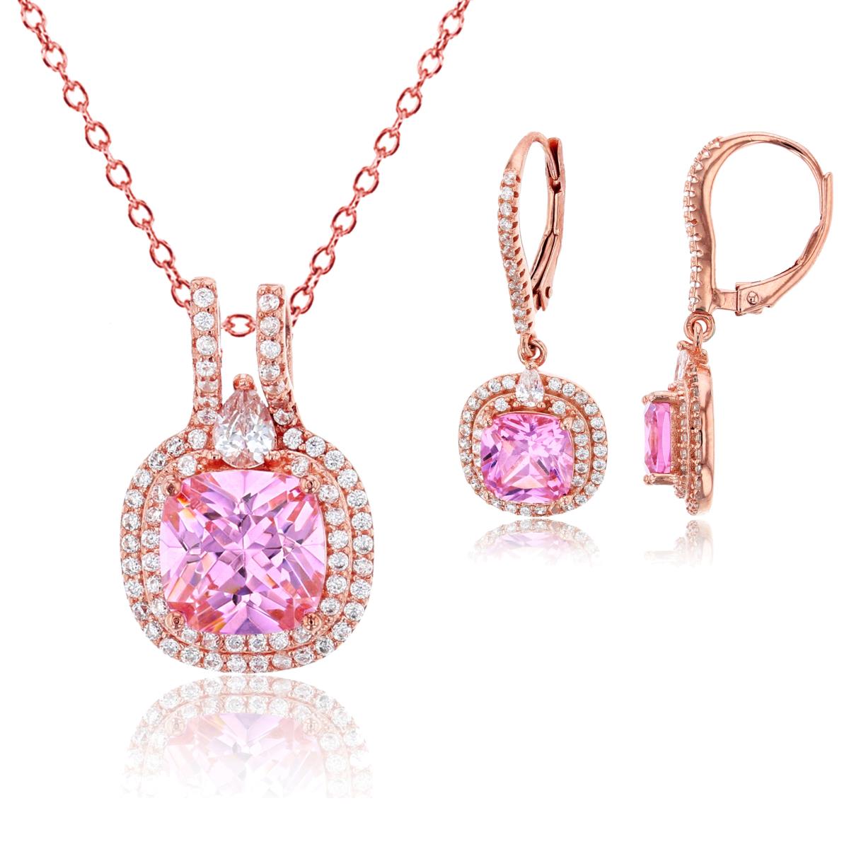 Sterling Silver Rose 8mm Cushion Pink CZ Double Halo 18"+2" Necklace & Leverback Earring Set
