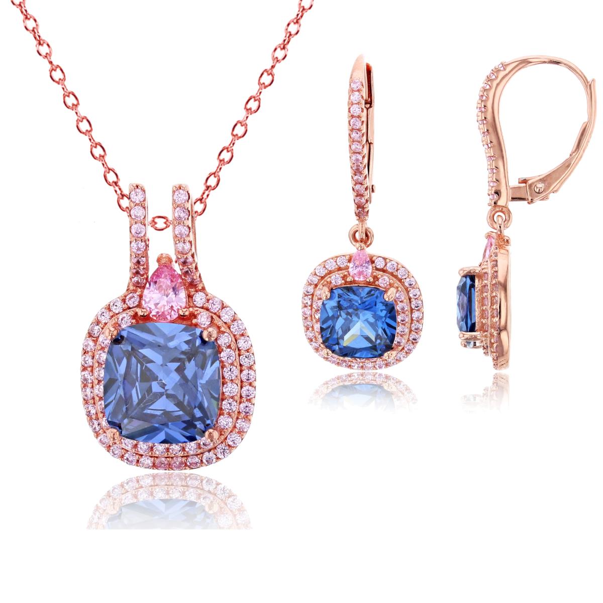 Sterling Silver Rose 8mm Cushion Tanzanite CZ/Pink Double Halo 18"+2" Necklace & Leverback Earring Set