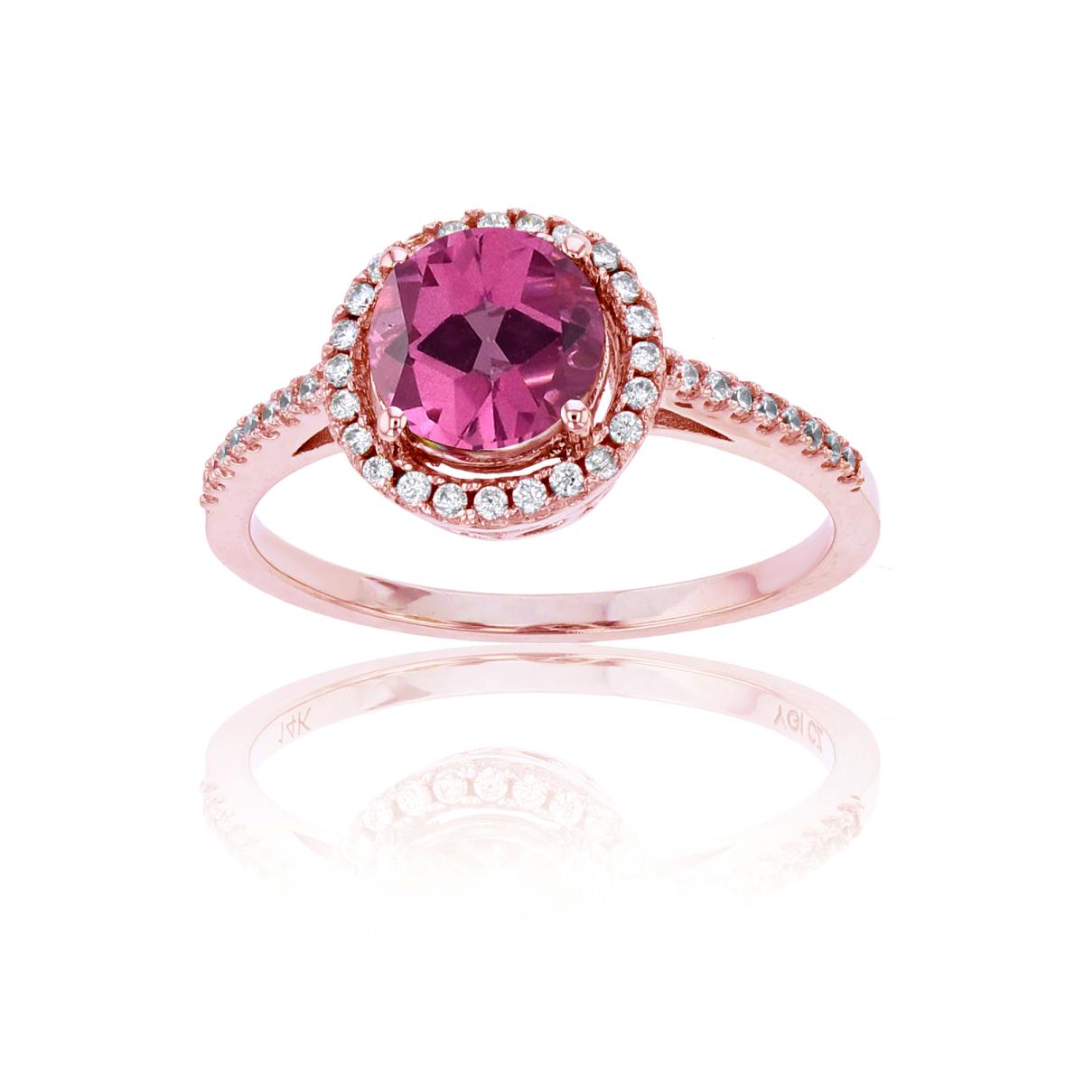 14K Rose Gold 0.20 CTTW Rnd Diamond & 7mm Rnd Pure Pink Halo Ring