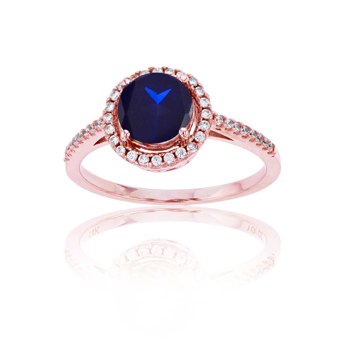 14K Rose Gold 0.20 CTTW Rnd Diamond & 7mm Rnd Created Blue Sapphire Halo Ring