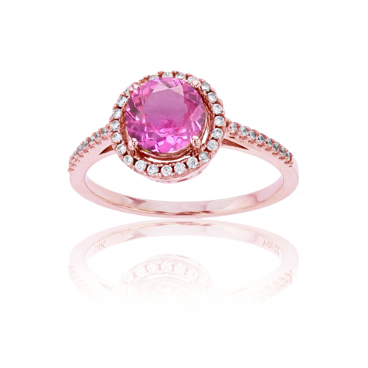 14K Rose Gold 0.20 CTTW Rnd Diamond & 7mm Rnd Created Pink Sapphire Halo Ring