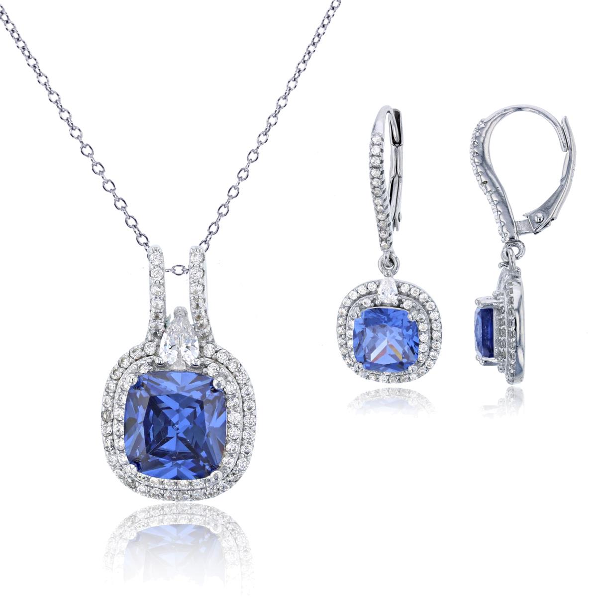 Sterling Silver Rhodium 8mm Cushion Tanzanite CZ/White Double Halo 18"+2" Necklace & Leverback Earring Set