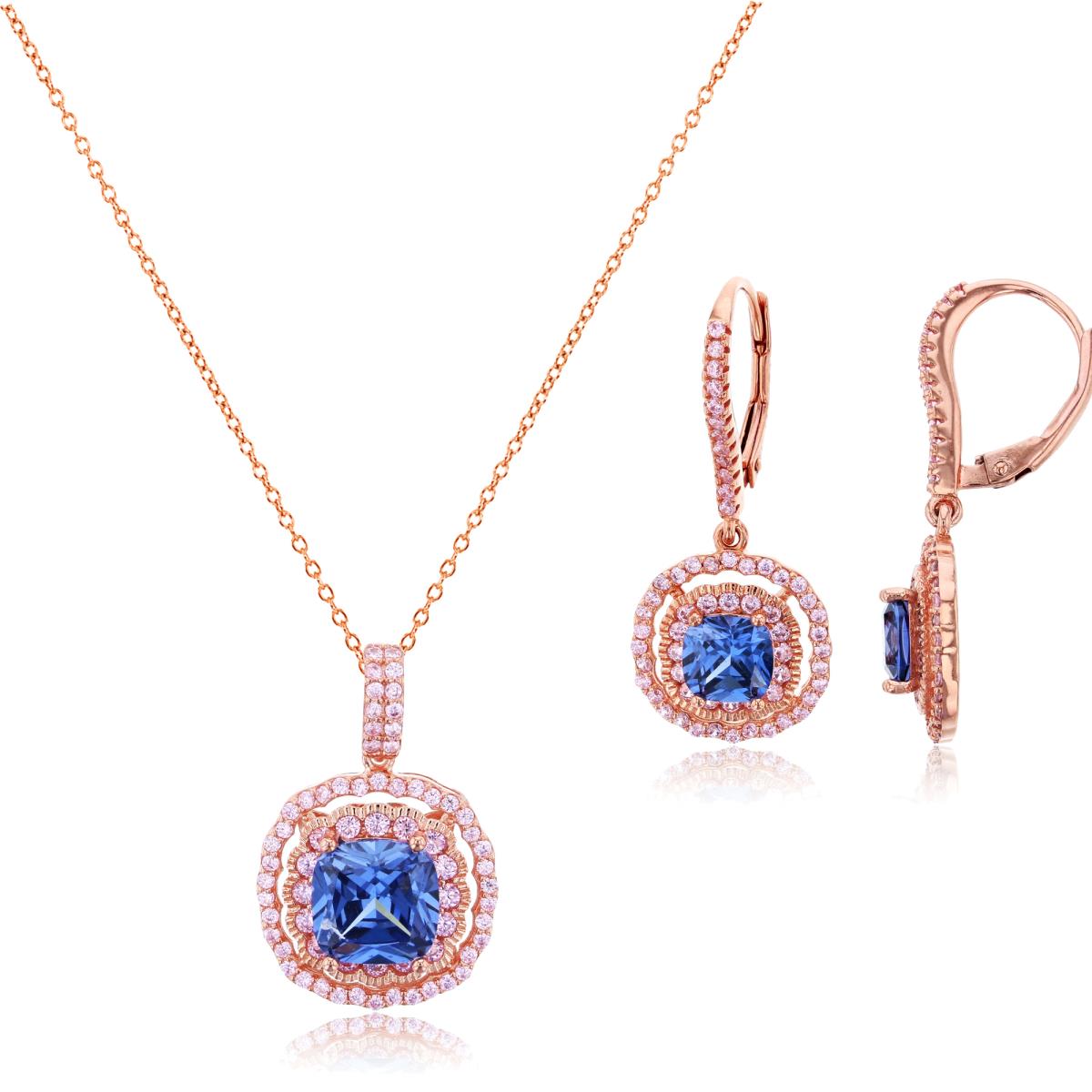 Sterling Silver Rose CZ Tanzanite Cush & Pink Rnd 18"+2"Necklace /Lever Backs Earring Set 
