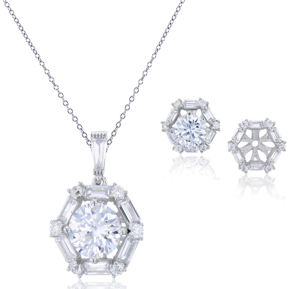 Sterling Silver Rhodium White Rnd/SB CZ Hexagon 18"+2"Necklace & Earring Set 