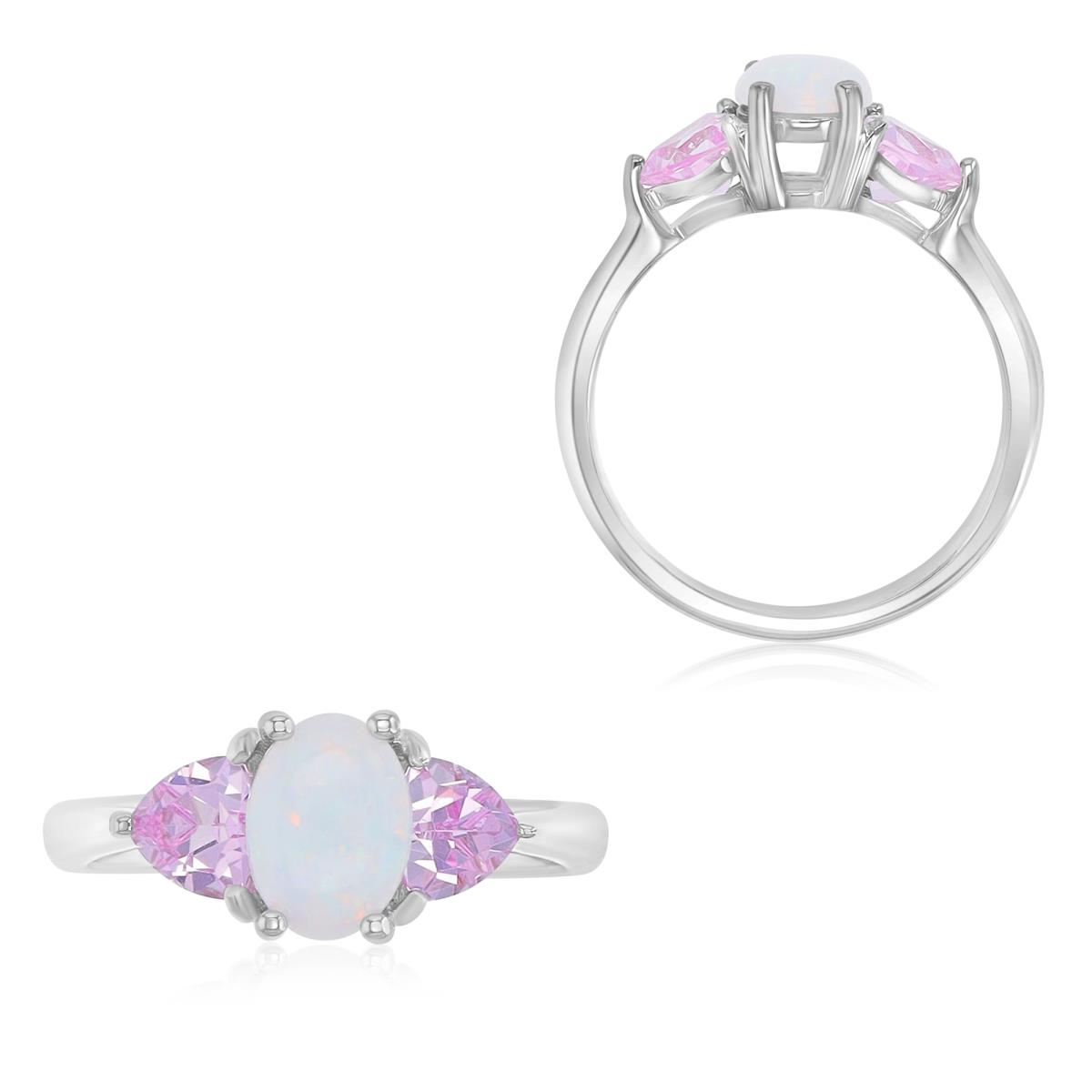 Sterling Silver Rhodium 8x6mm Ov Created Opal & Trill Created Pink Sapphire Ring