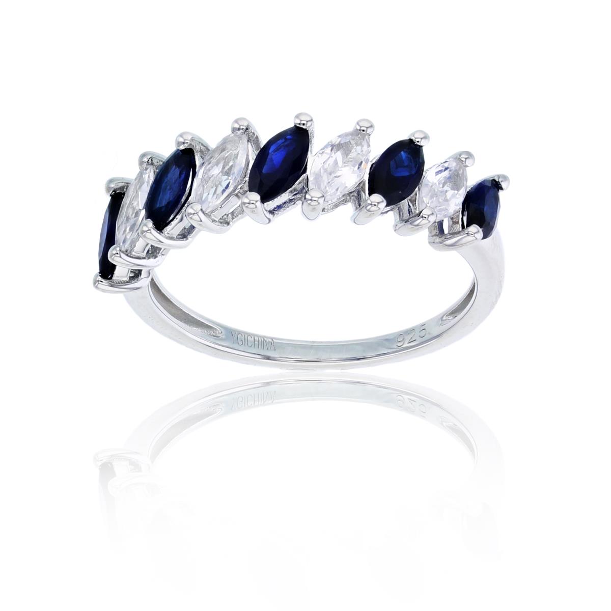 Sterling Silver Rhodium MQ Created Blue Sap/Created White Sap 9-Stones Row Ring