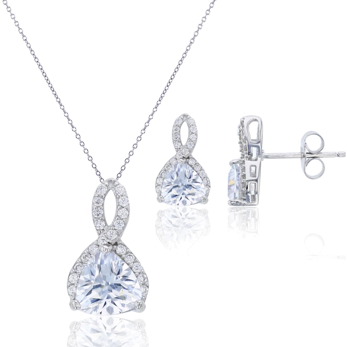 Sterling Silver Rhodium Trill /Rnd White CZ Invert 18"+2" Necklace & Earring Set