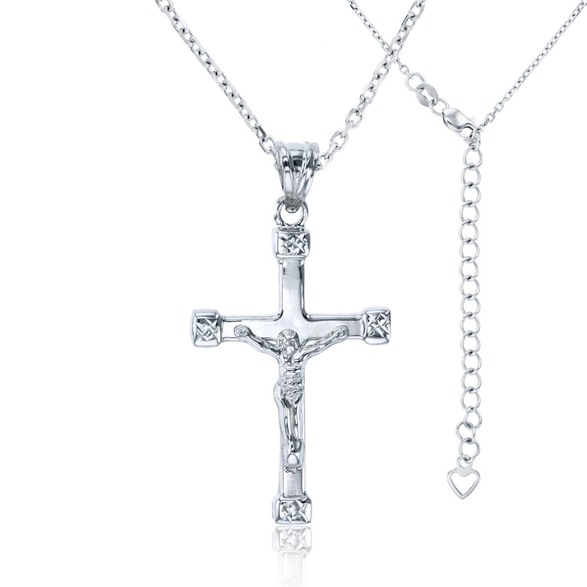 14K White Gold Polished & DC Crucifix Cross 17"+2" Necklace