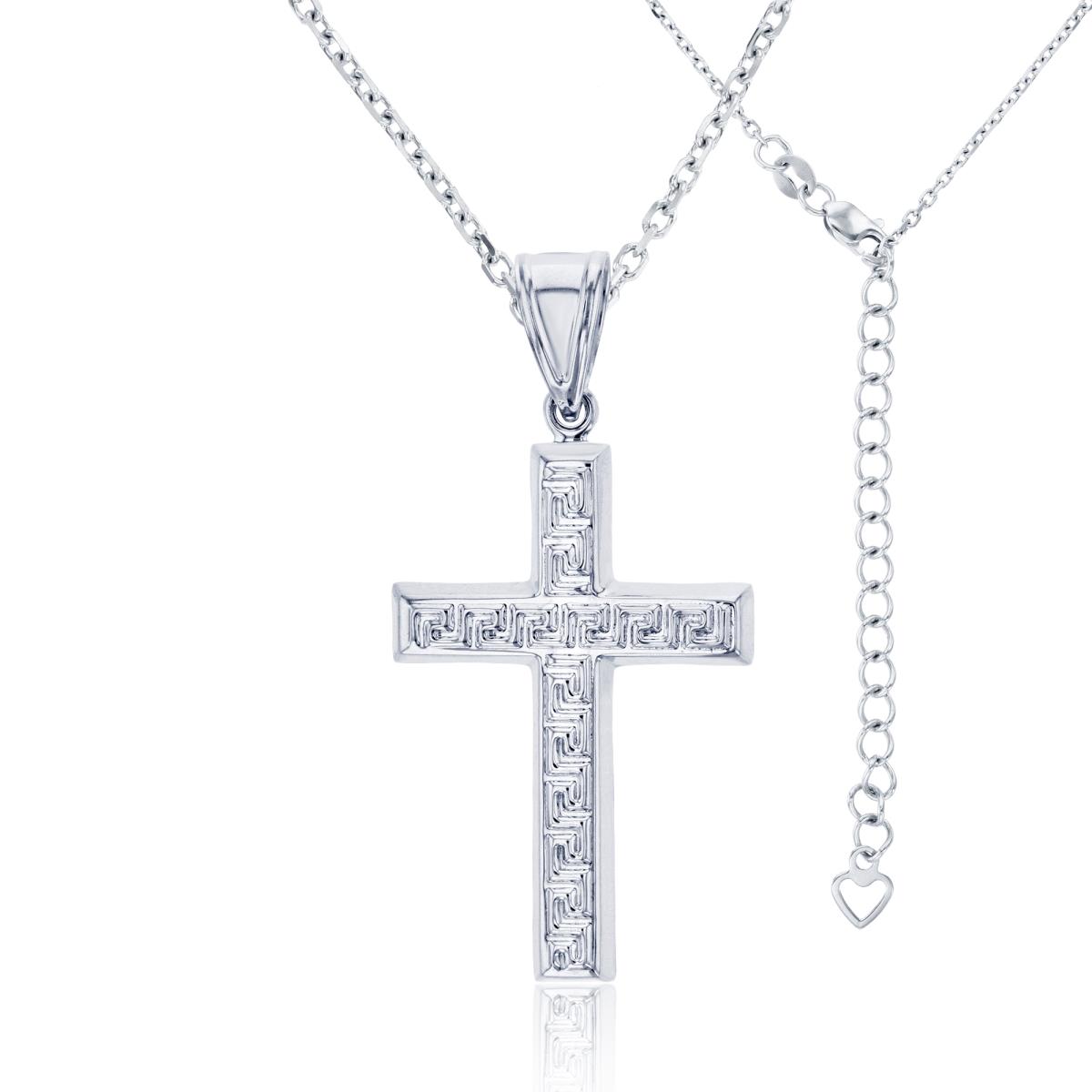 14K White Gold 62x30mm Greek Key Cross 17"+2" Necklace