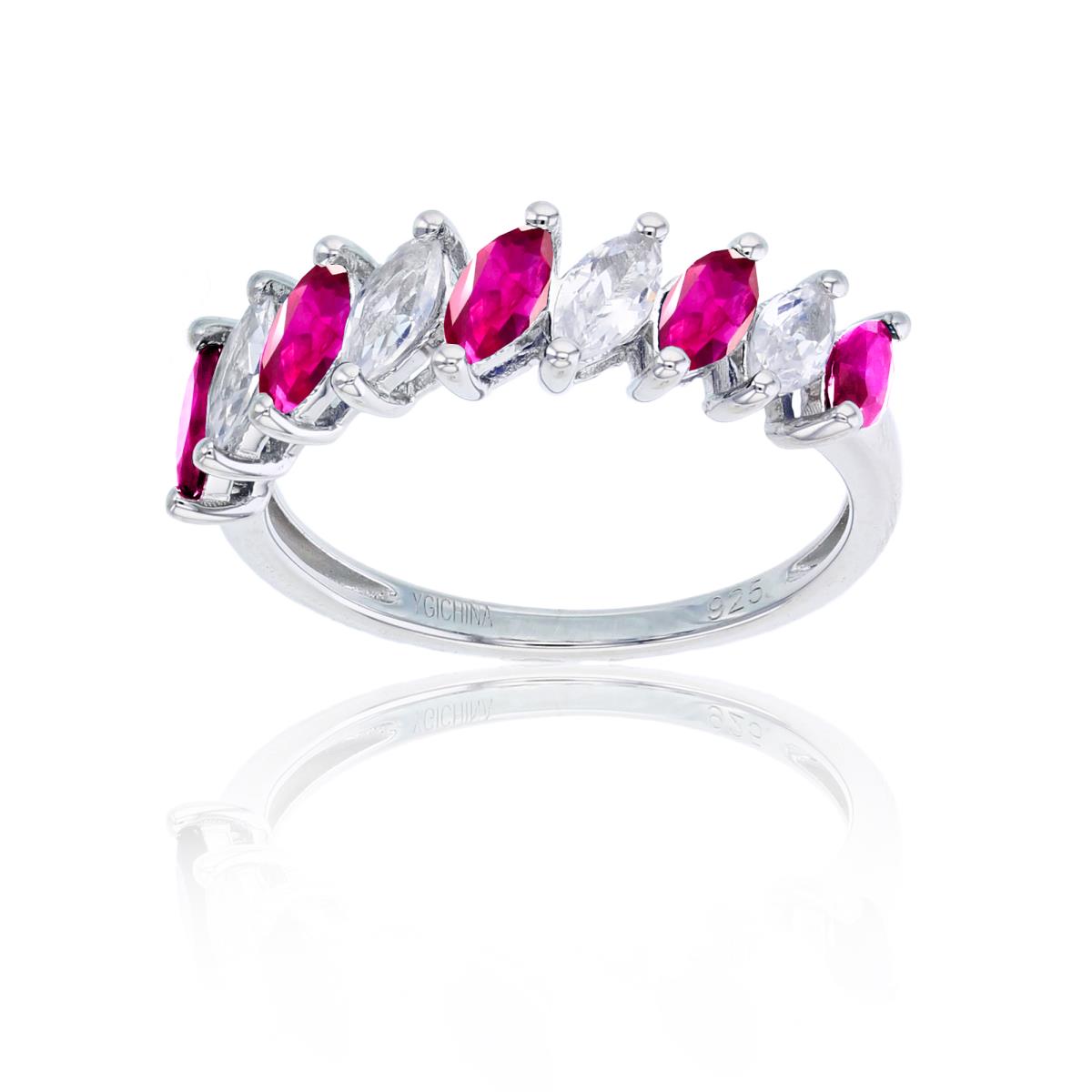 Sterling Silver Rhodium MQ Created Ruby /Created White Sapphire 9-Stones Row Ring