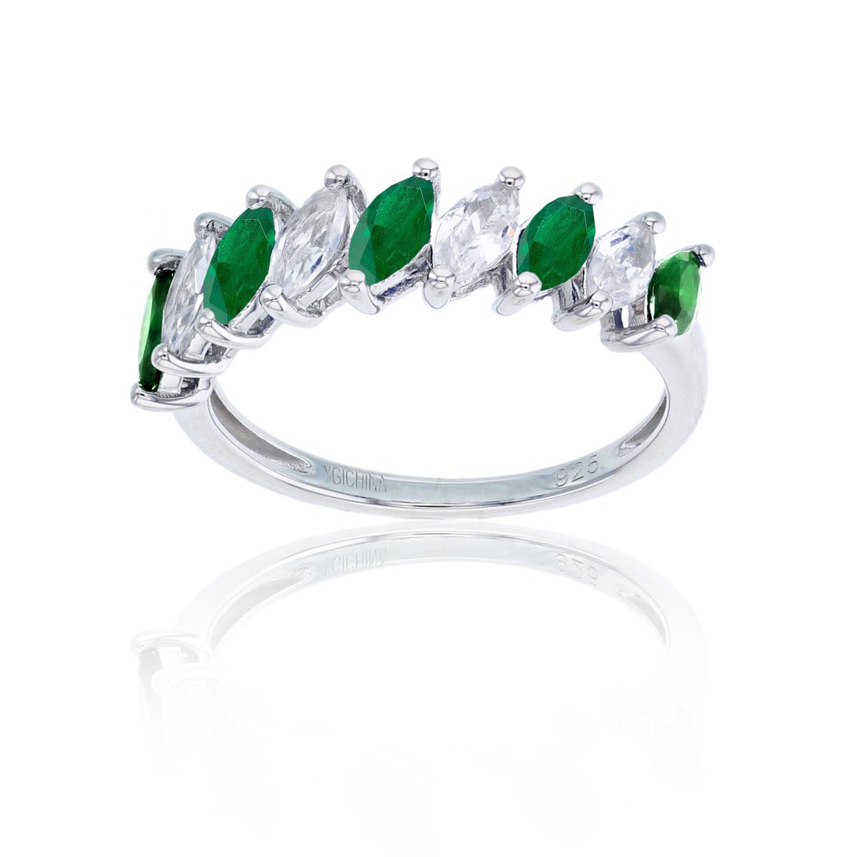 Sterling Silver Rhodium MQ Created Emerald /Created White Sapphire 9-Stones Row Ring