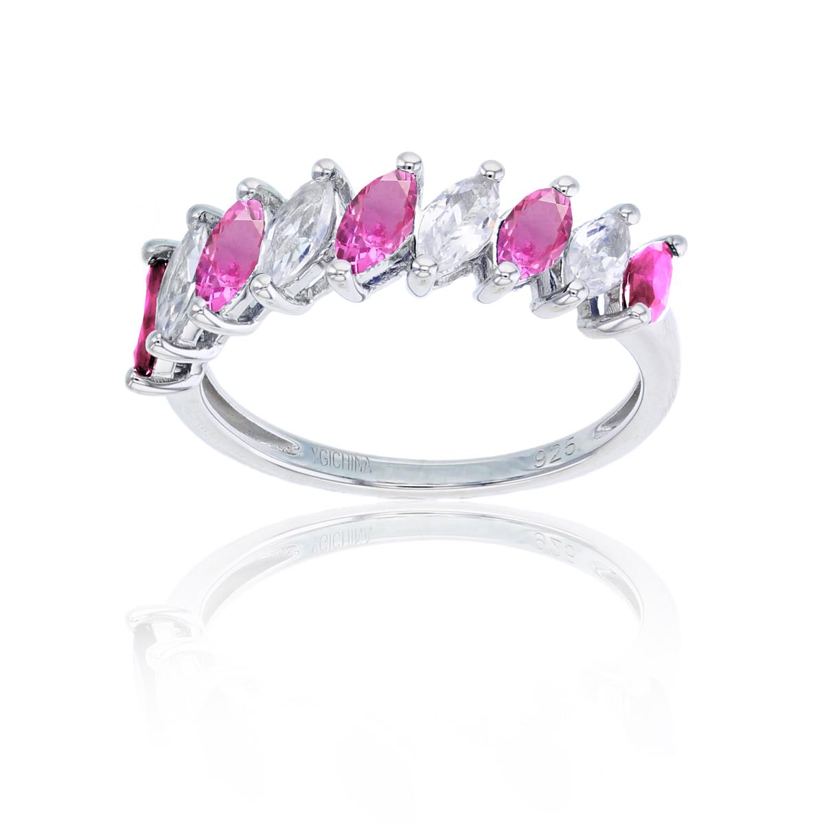 Sterling Silver Rhodium MQ Created Pink Sapphire /Created White Sapphire 9-Stones Row Ring