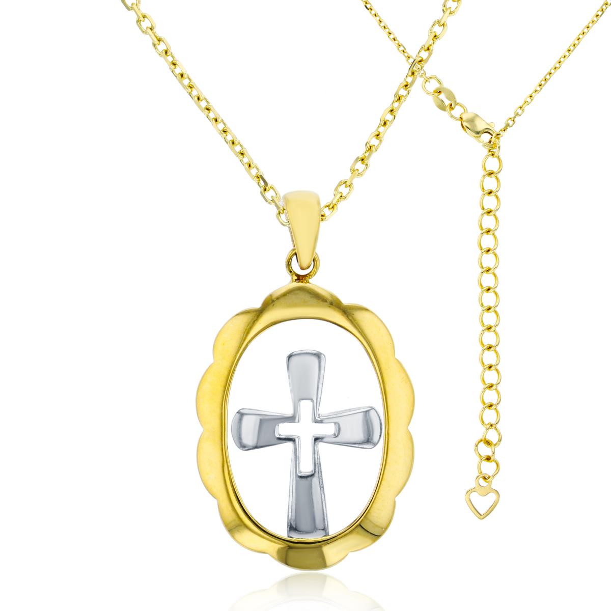 14K Two-Tone Gold Polished Oval Cross 17"+2" Necklace