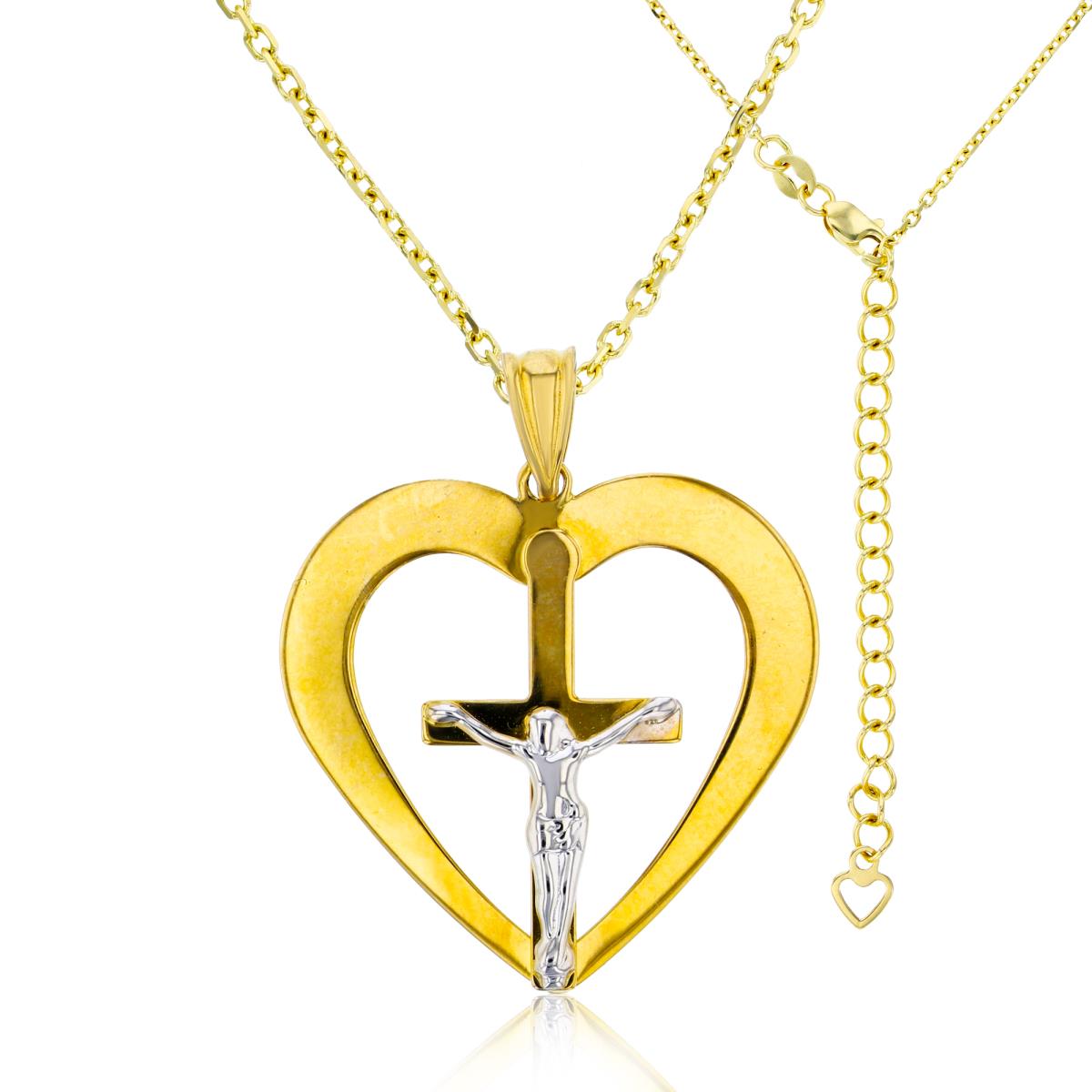 14K Two-Tone Gold High Polished Crucifix Cross within Heart 17"+2" Necklace