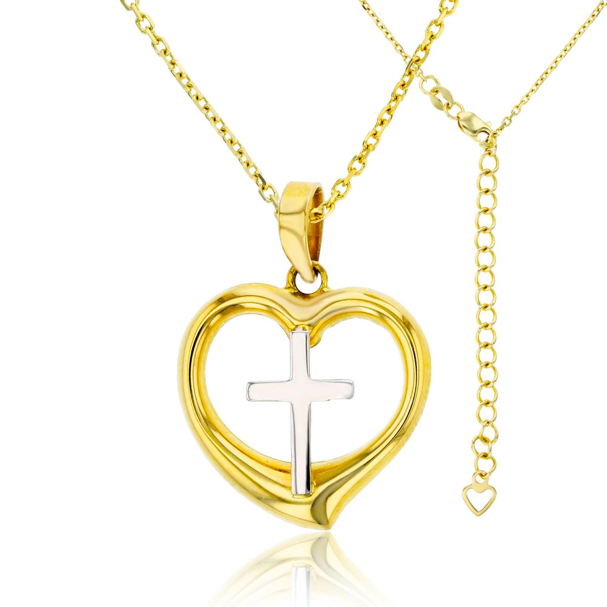 14K Two-Tone Gold Polished Cross within Heart 17"+2" Necklace