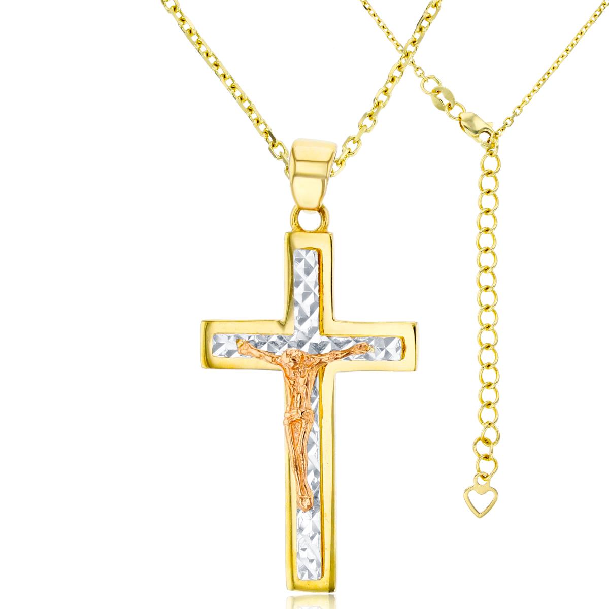14K Tri-Color Gold Polished & DC Layered Crucifix Cross 17"+2" Necklace
