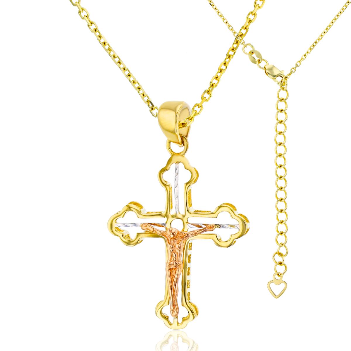 14K Tri-Color Gold Polished & DC Domed Crucifix Cross 17"+2" Necklace