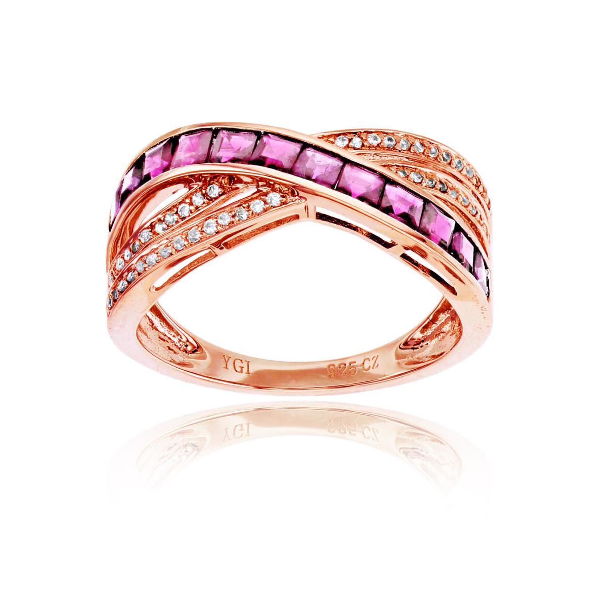 14K Rose Gold 0.14 CTTW Rnd Diam & 2.5mm Sq Pink Sapphire Criss/Cross Ring