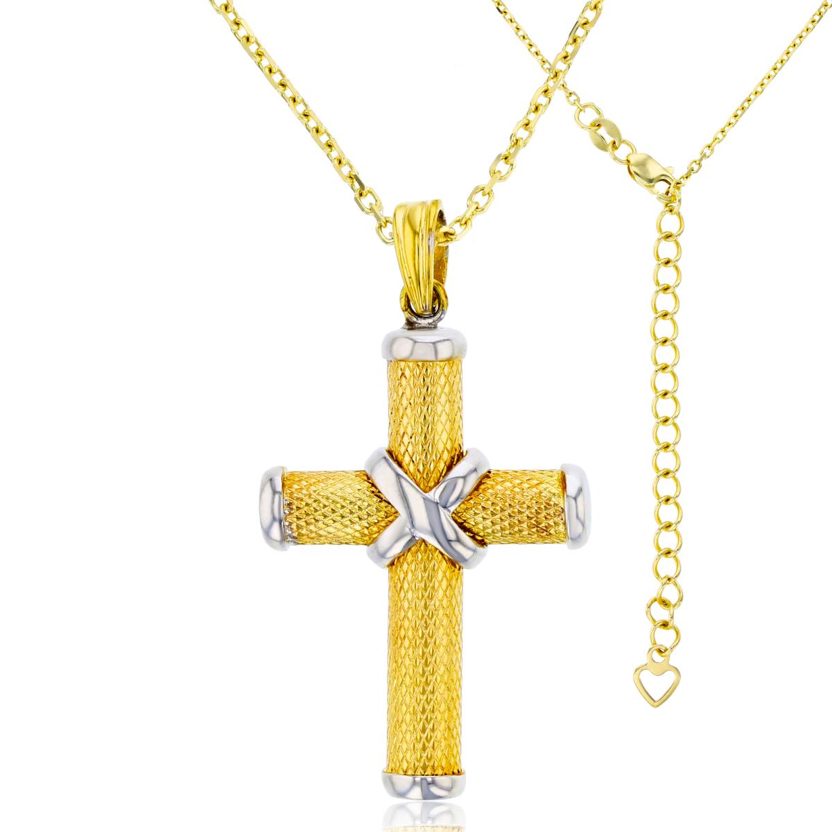14K Two-Tone Gold Polished & Textured Knotted Cross 17"+2" Necklace