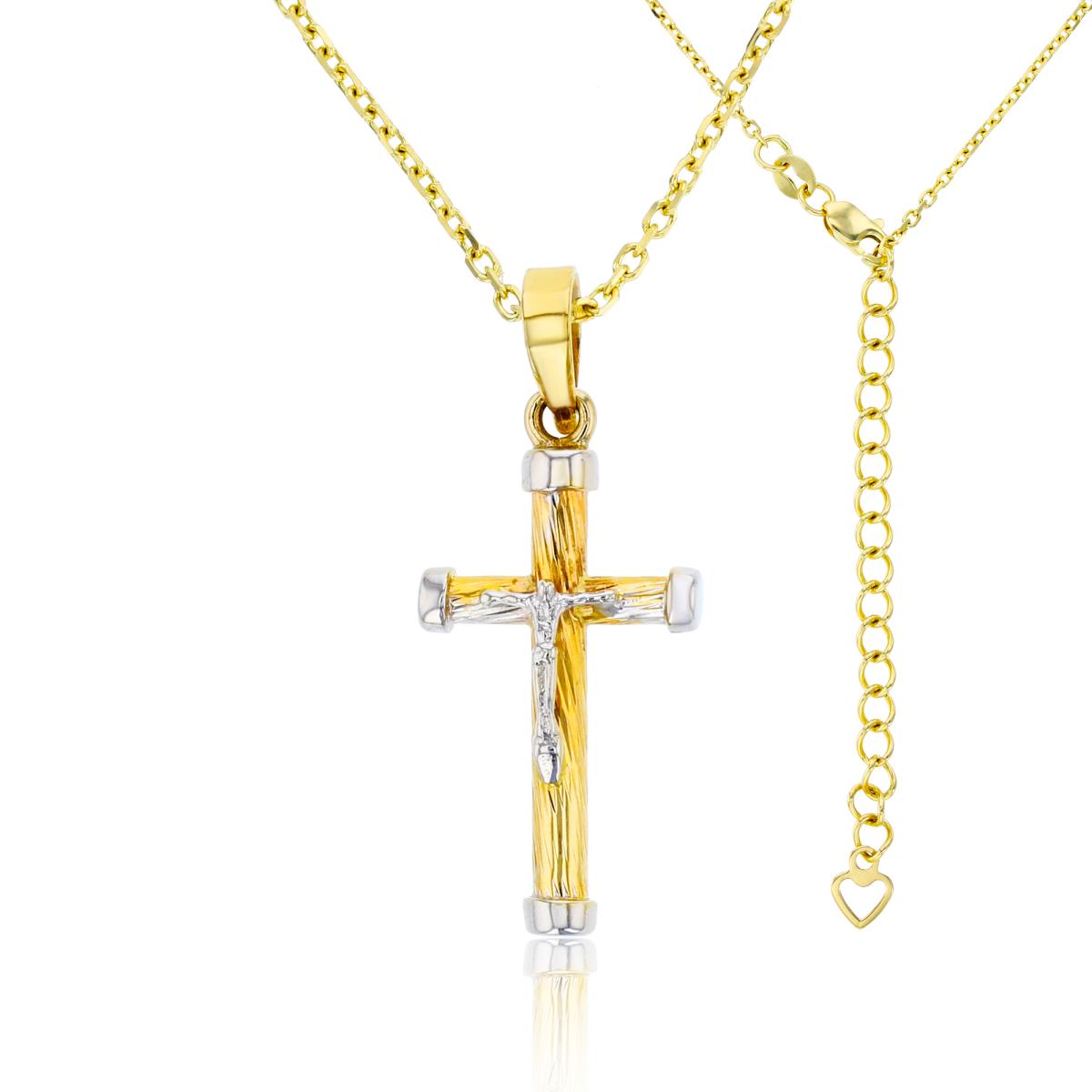 14K Two-Tone Gold 28x11mm Polished & Textured Crucifix Cross 17"+2" Necklace