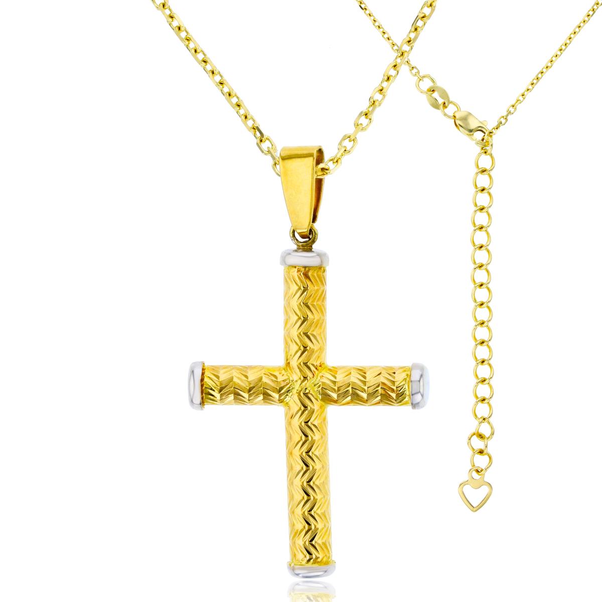 14K Two-Tone Gold Diamond Cut Rounded Cross 17"+2" Necklace